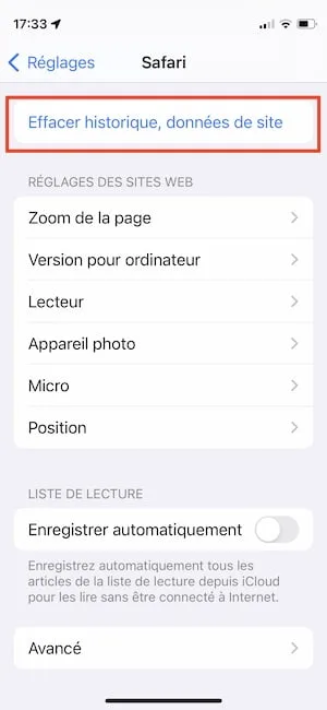 effacer historique et donnees de site iphone