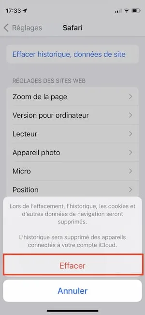 effacerment historique cookies iphone ios 15