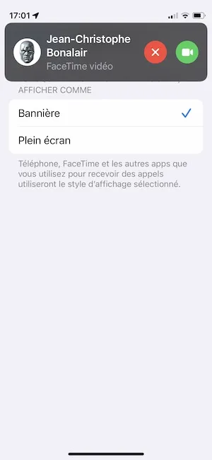 recevoir appel en banniere iphone