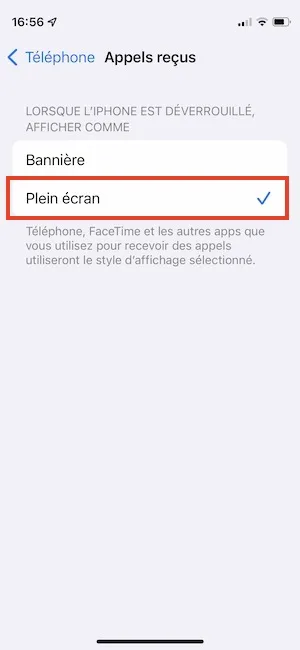 reglage iphone appels entrants en plein ecran
