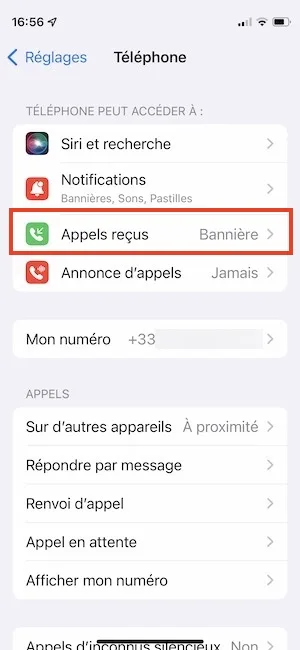 reglages appels recus iphone