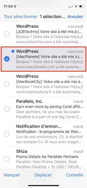 effacer email sans ouvrir sur iphone