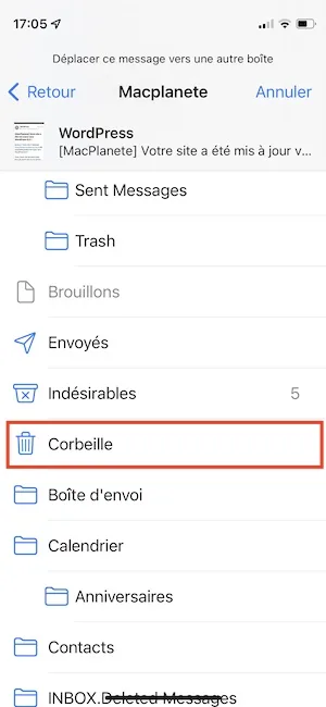 mettre email iphone a la corbeille sans ouvrir
