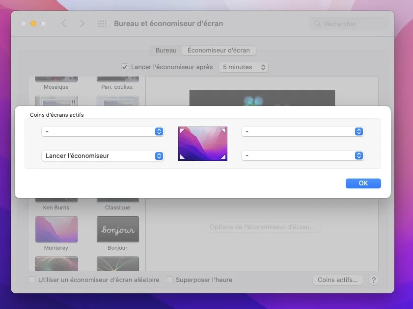 Utiliser un économiseur d'écran sur Mac 6 coins decrans actifs ecran de veille mac