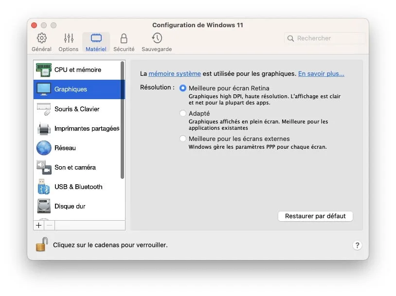 configuration graphique windows 11 sur macos ventura