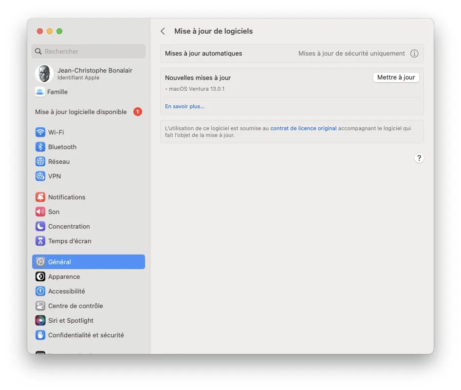 Mise a jour de logiciels Ventura 13.01