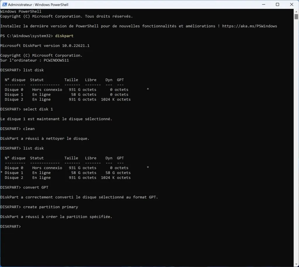 preparer cle usb mac sous Windows 11 avec Diskpart
