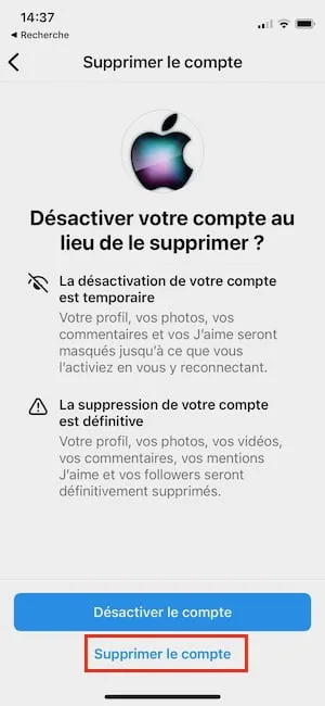 supprimer definitivement instagram