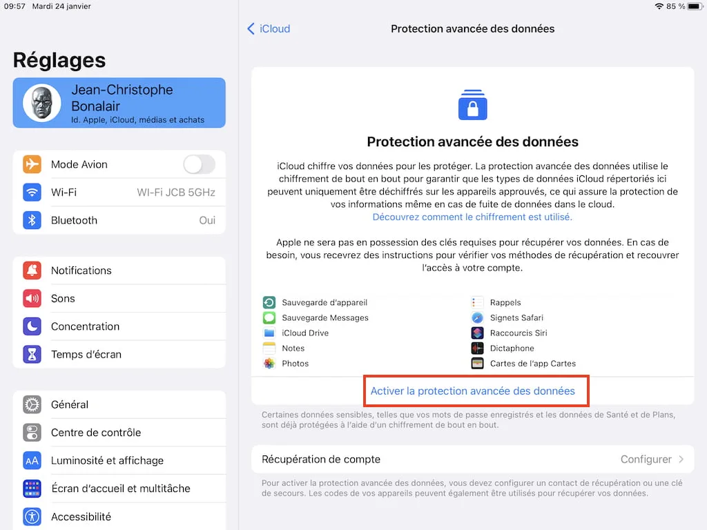 Activer la protection avancee des donnees sur iPad