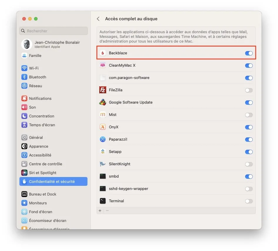 Backblaze acces complet au disque