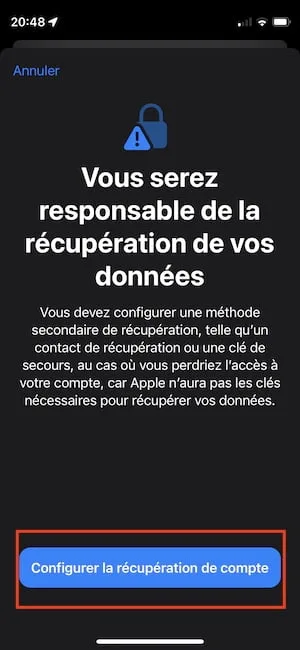 Configurer la récupération de compte icloud