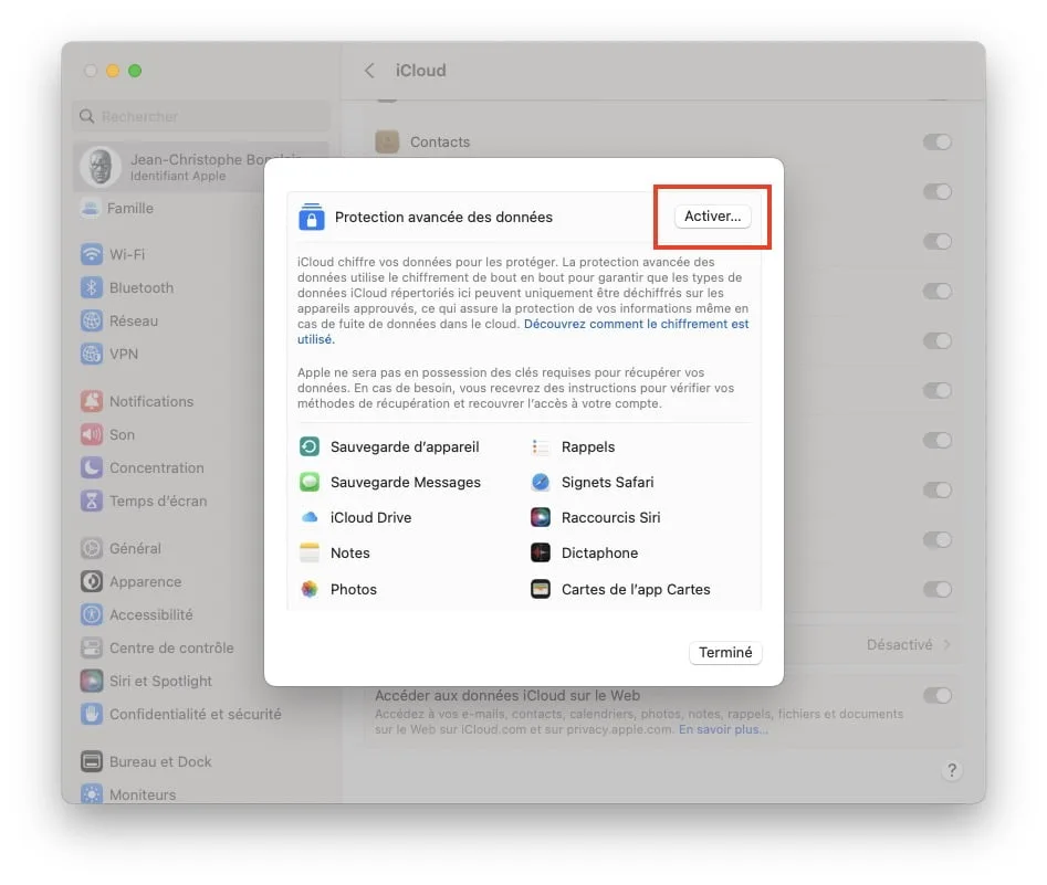 configurer protection avancee des donnes icloud