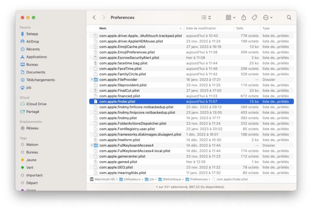 effacer preferences barre laterale du finder