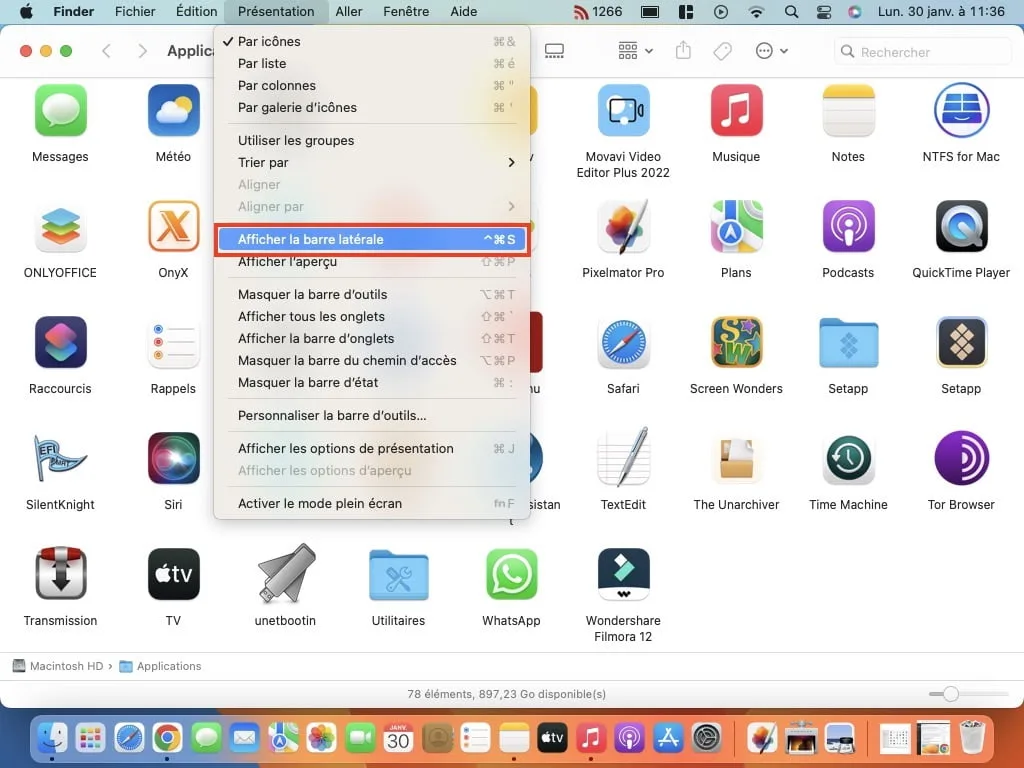 la barre du finder a disparu
