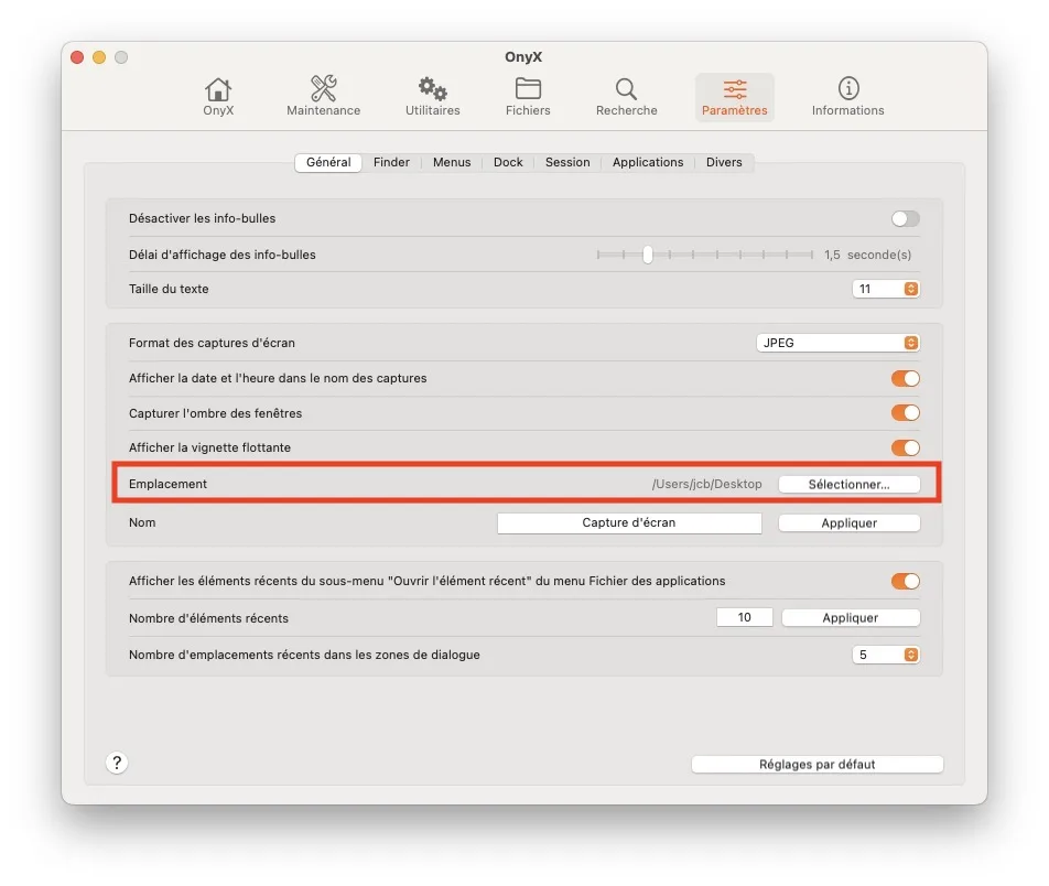 changer emplacement captures ecran mac avec Onyx