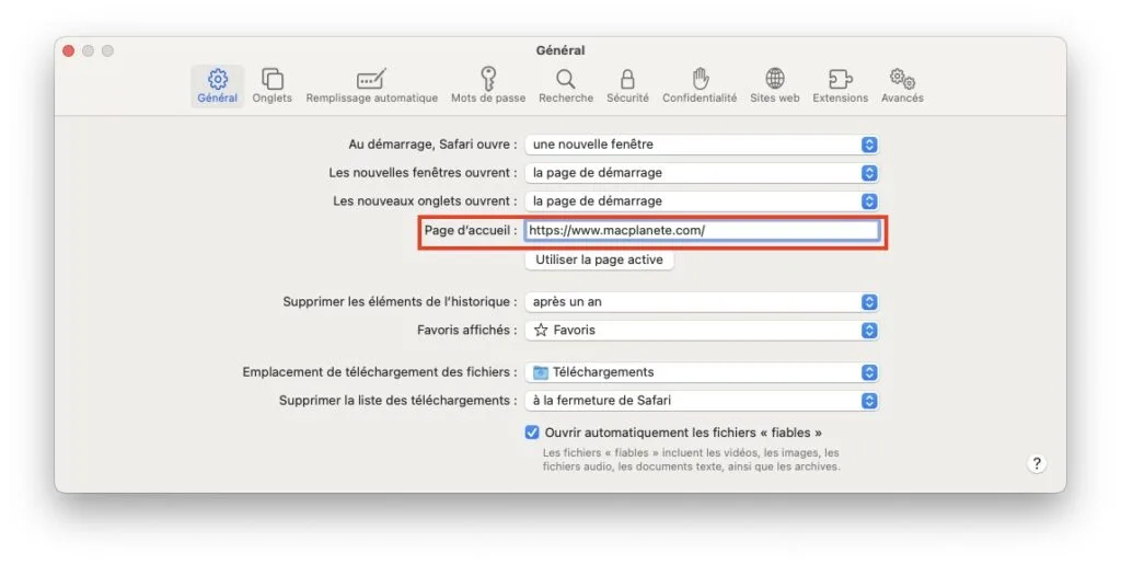 changer page de demarrage safari mac