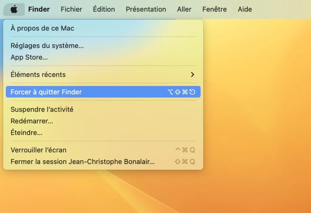 relancer le finder du mac menu pomme