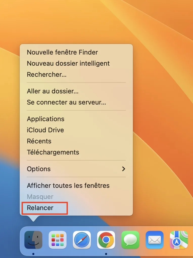 relancer le finder du mac via le dock
