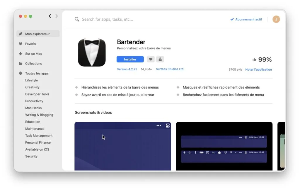 afficher masquer icone barre des menus macos avec Bartender