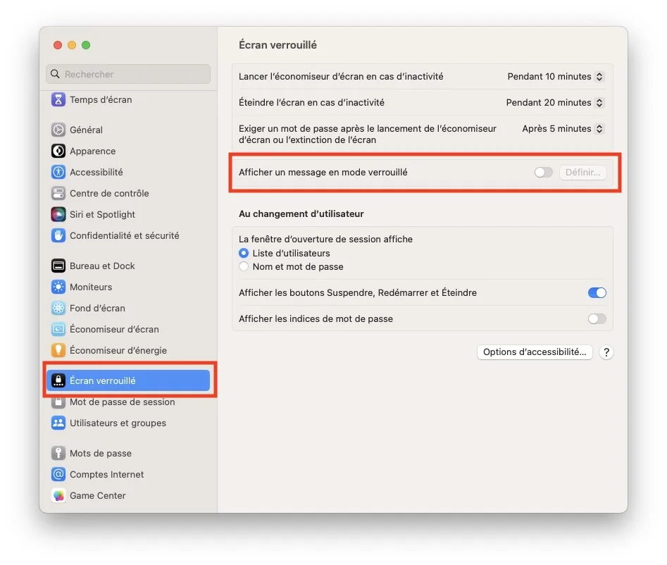 afficher un message en mode verrouille mac