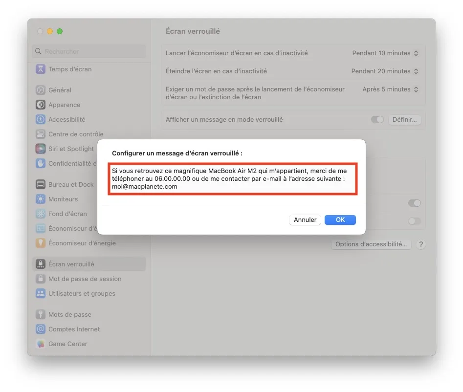 choisir un message pour lecran verrouille du mac
