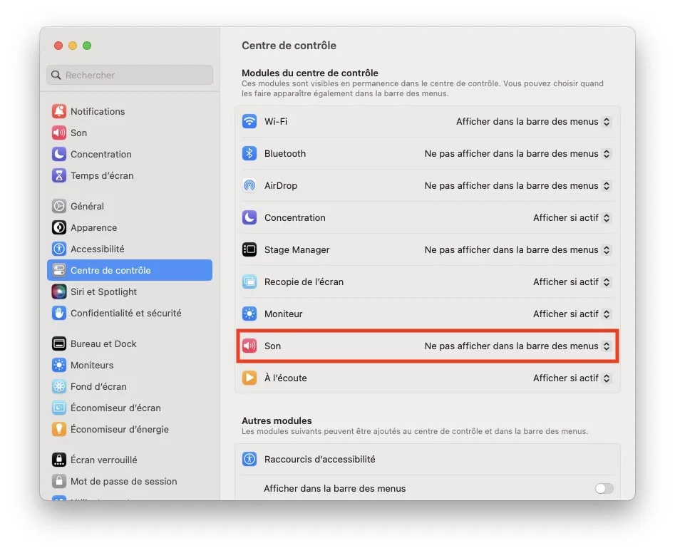 masquer icones barre des menus macos ventura
