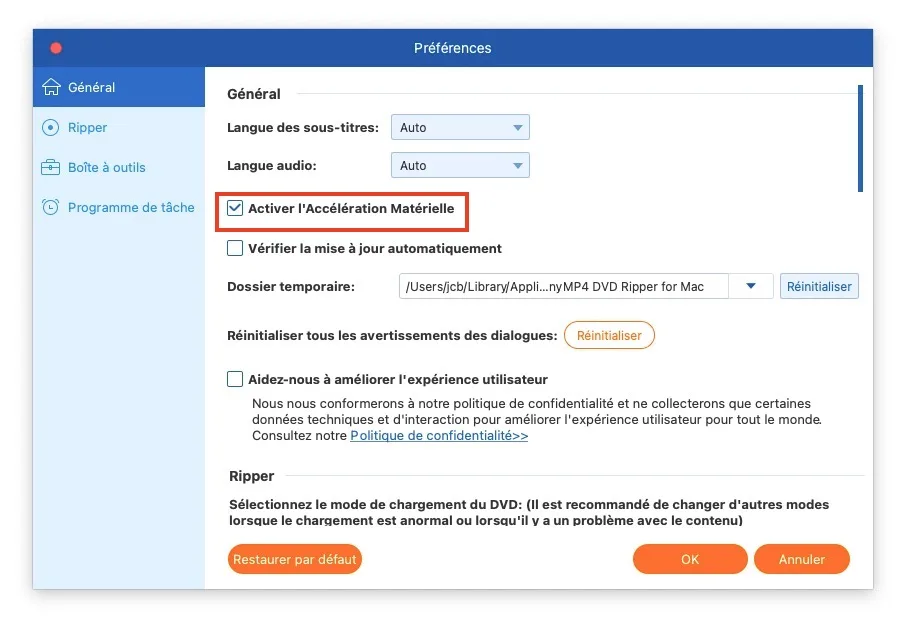 Ripper un DVD sur Mac activer acceleration materielle