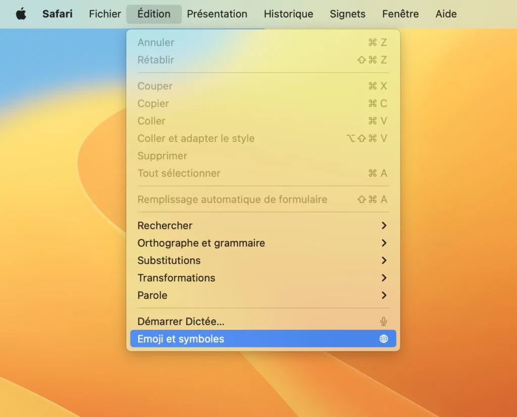 Utiliser les Emojis sur Mac : 4 techniques 1 Utiliser les Emojis sur Mac menu ediition emoji et symboles