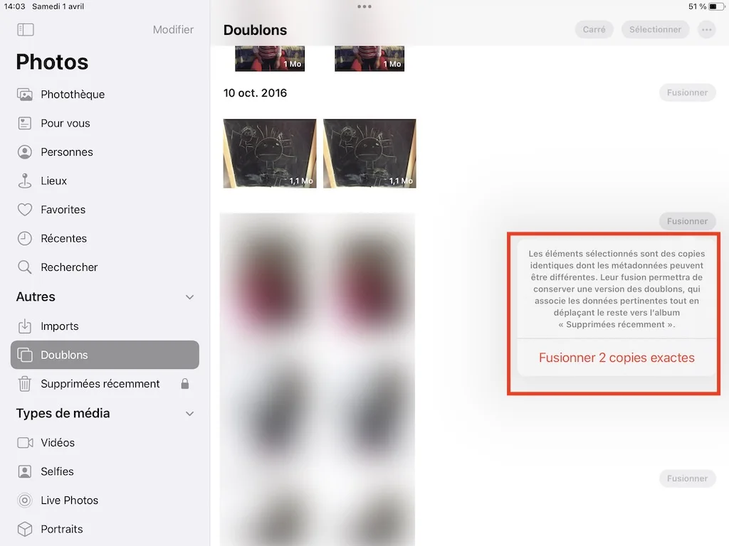 fusionner 2 copies exactes de photo sur iphone