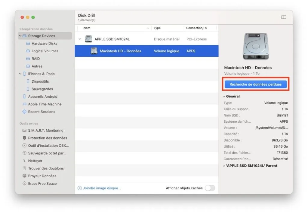 recherche de donnees perdues mac