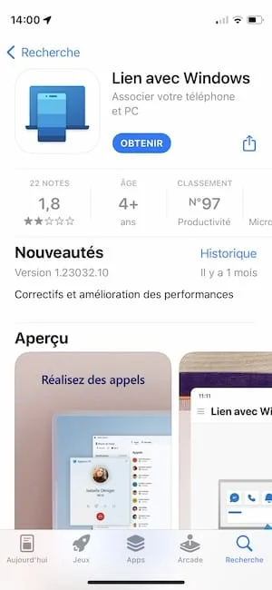 app Lien avec Windows pour iPhone