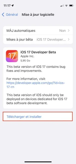 comment telecharger la beta iOS 17