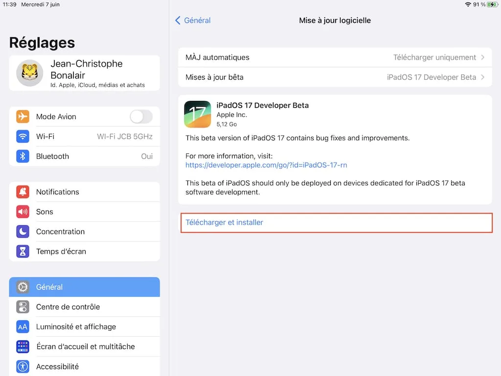 installation ipados 17 developer beta