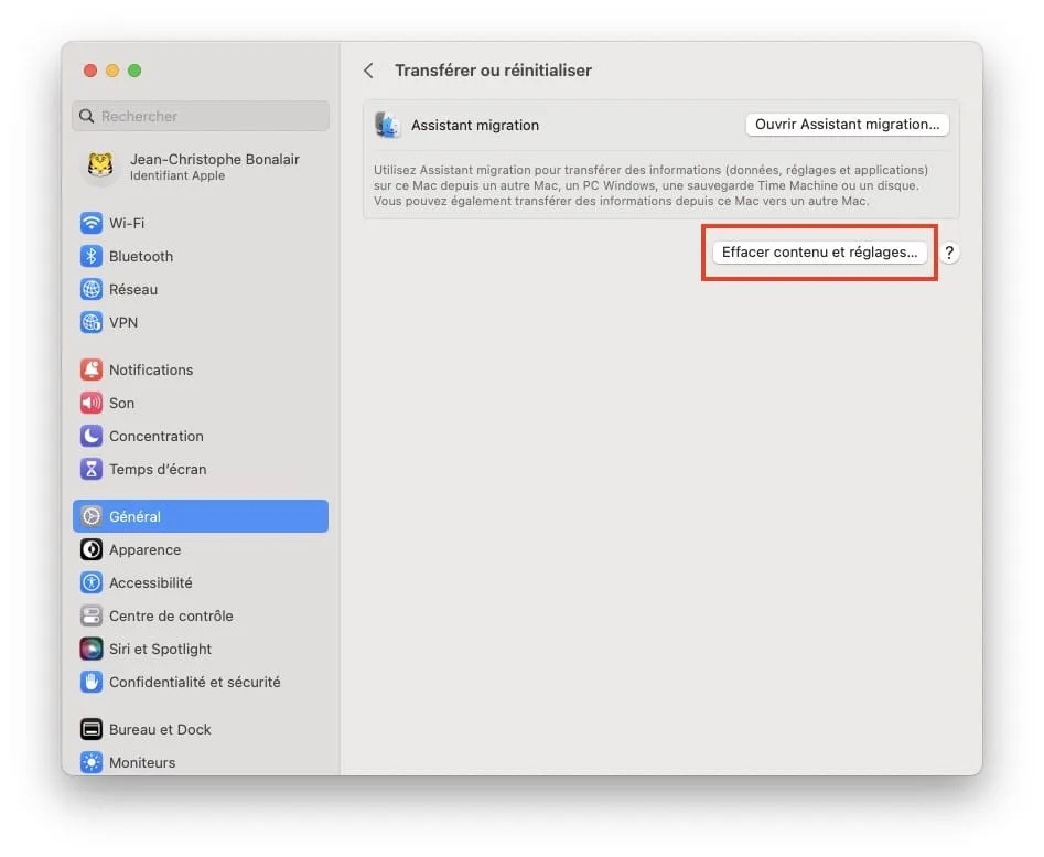 Installation propre macOS Sonoma (14.0) 5 effacer contenu et reglages macos sonoma