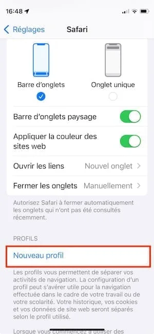 nouveau profil safari iphone ios 17