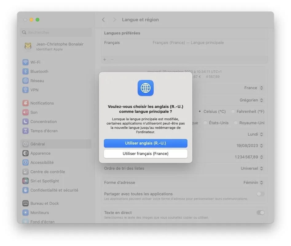langue principale mac