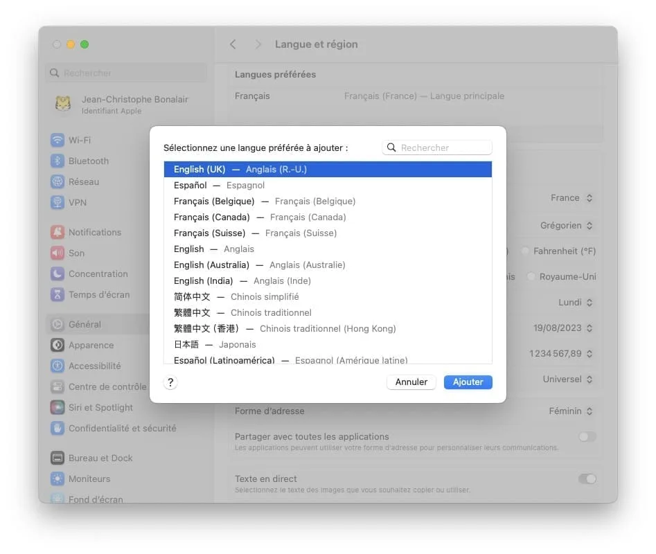 selectionner langue mac