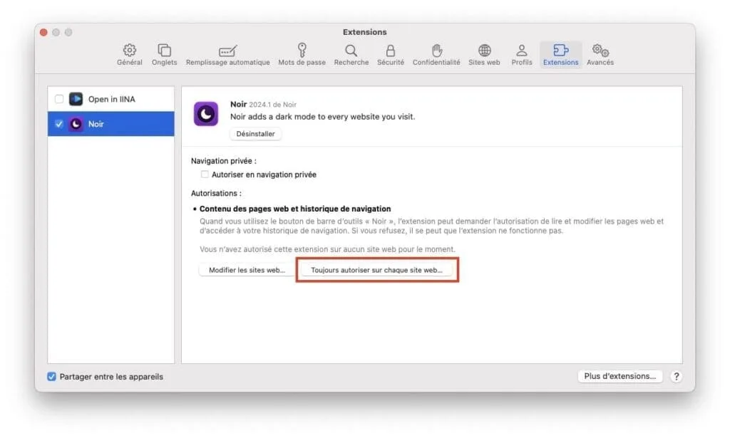 Noir Dark Mode Safari