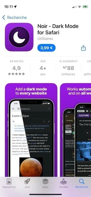 Noir theme sombre safari iphone