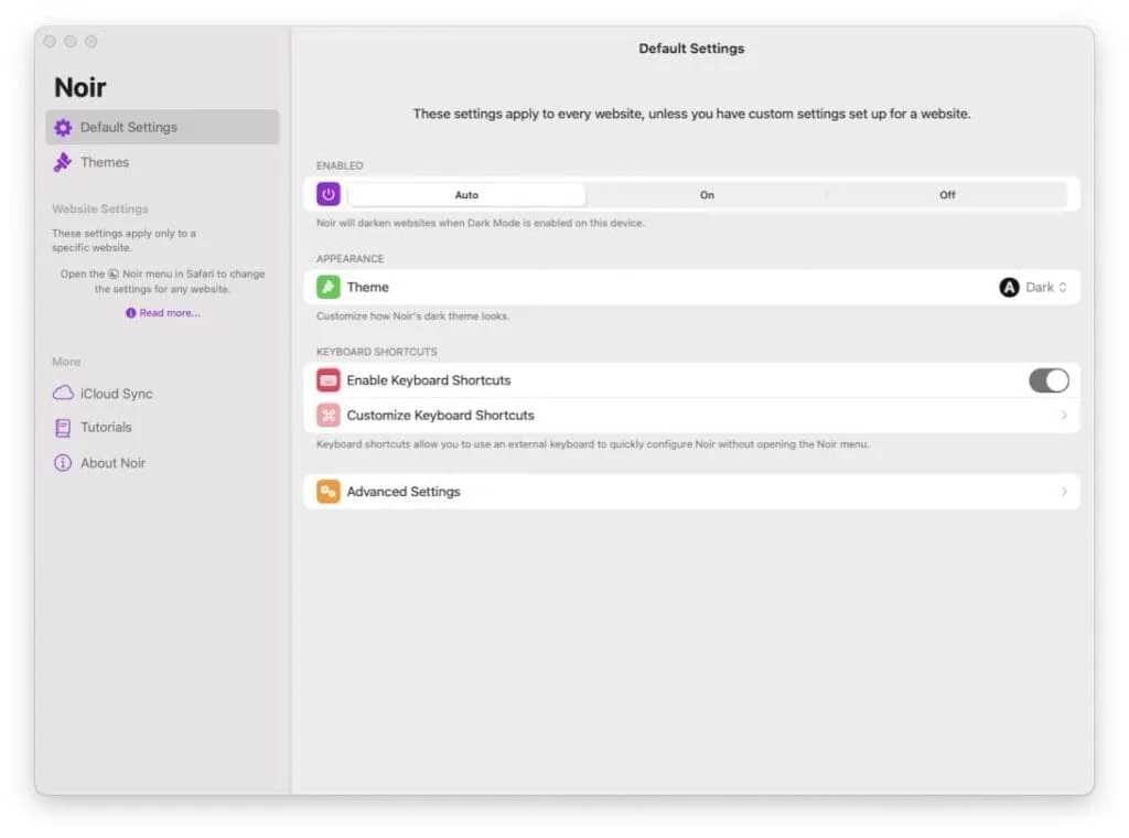 configurer app Noir Safari