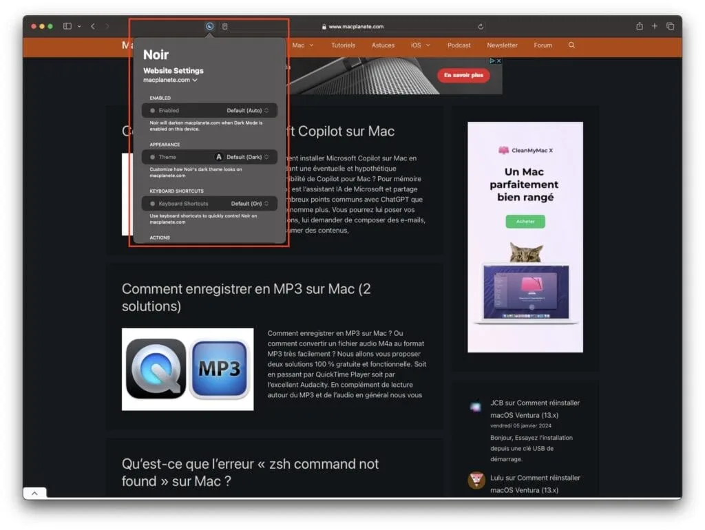 mode sombre safari mac