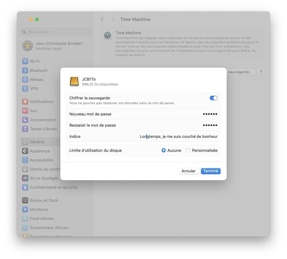 chiffrer la sauvegarde time machine mac