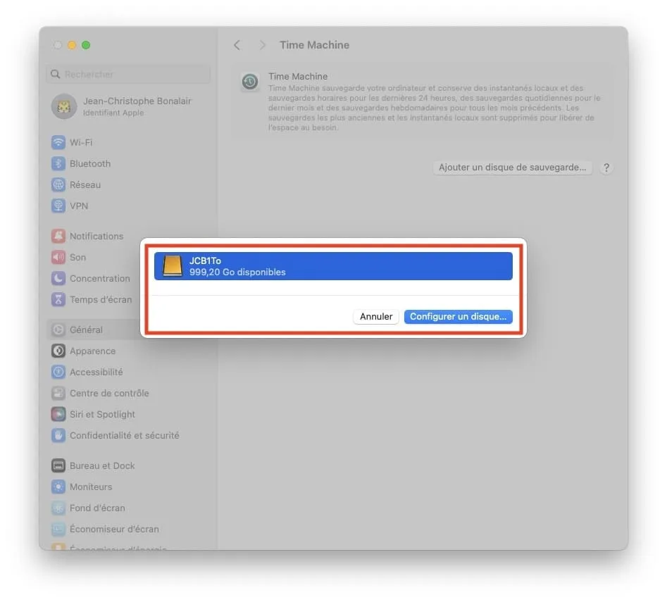 configurer disque time machine macos sonoma