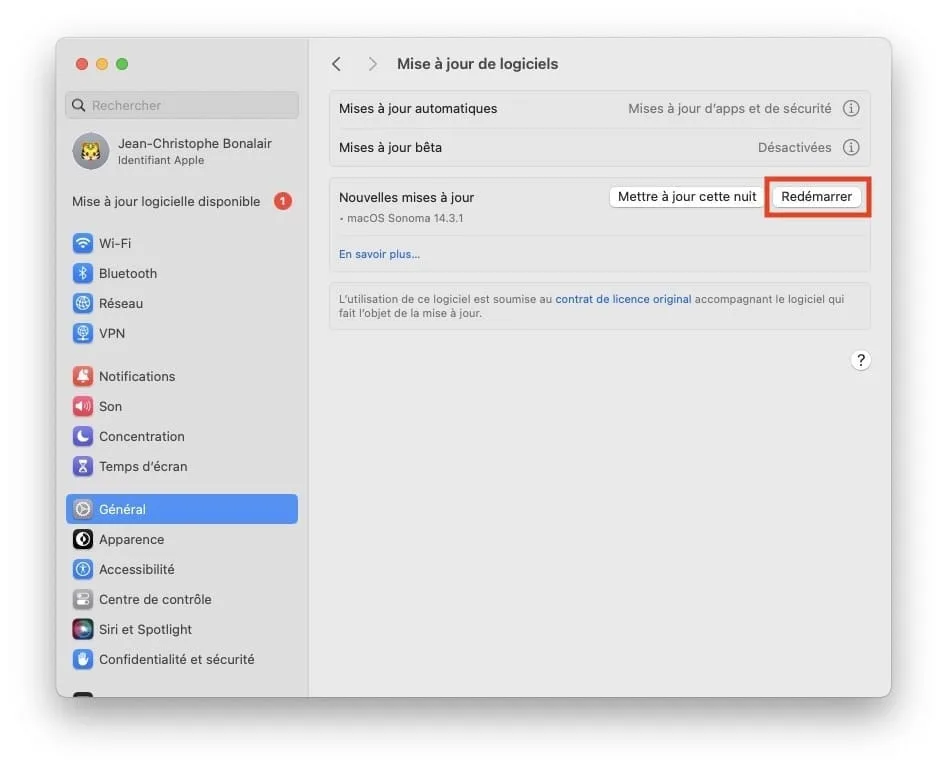 Télécharger macOS Sonoma 14.3.1 en version finale (lien direct) 3 redemarrer sonoma 14.3.1