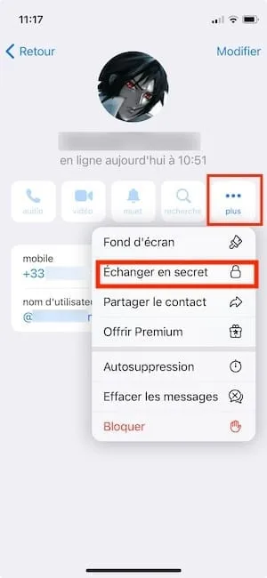telegram echanger en secret activer option