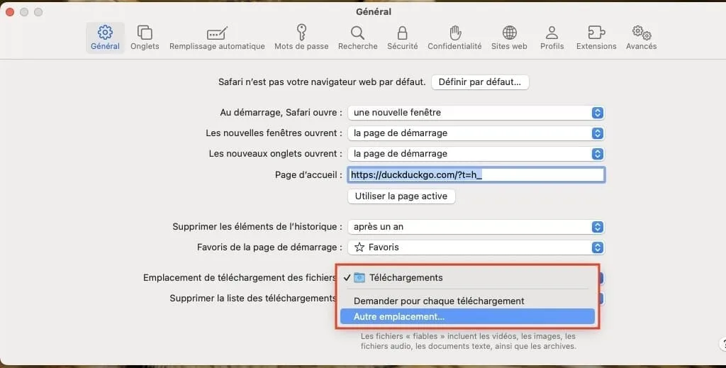 changer emplacement telechargement safari