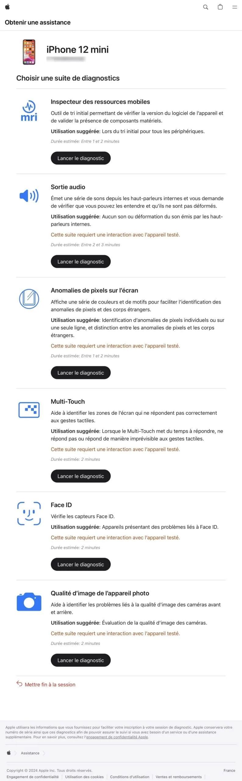 liste des tests diagnostics iPhone