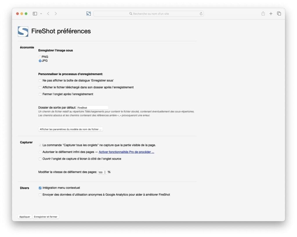 Fireshot preferences