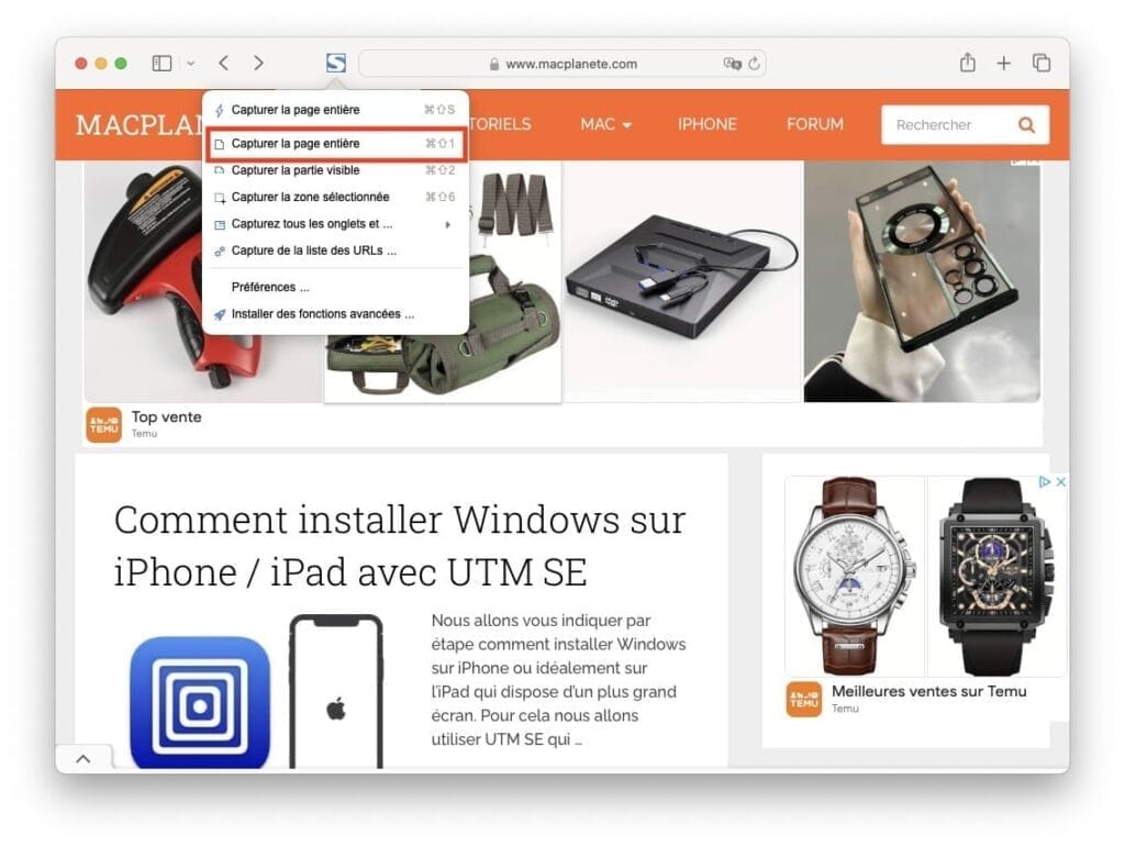 aide capture page internet completement