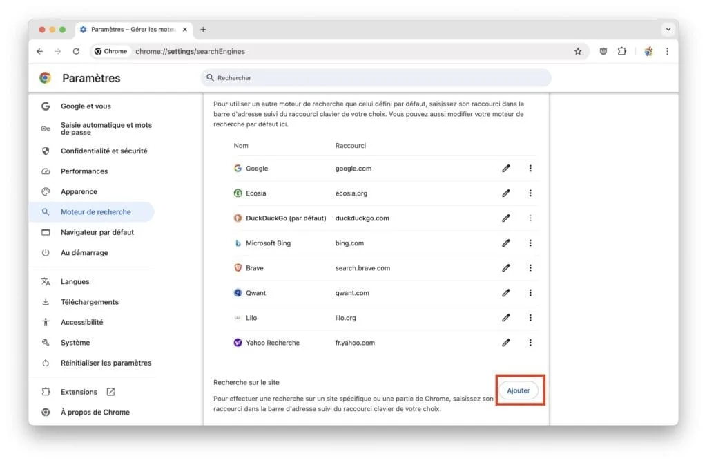 ajouter moteur de recherche dans chrome